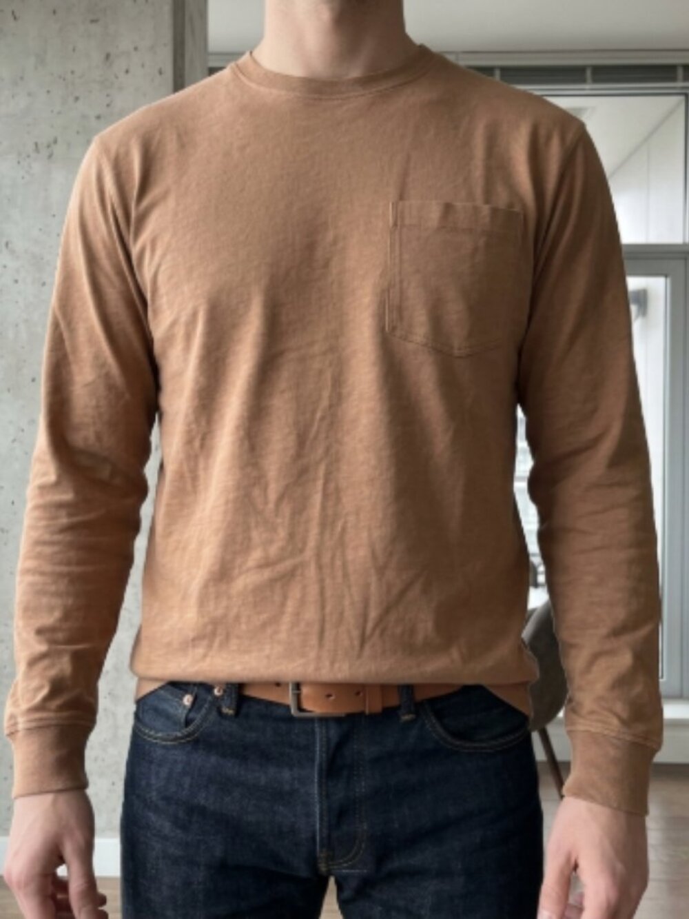 !00% Cotton Hudson Jeans Men's Long Sleeve Pocket T-shirt Brown Tan Size M